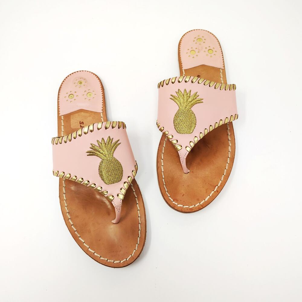 Jack Rogers Sandals Womens 8.5 Thong Pink Gold Pineapple Slides Summer Preppy